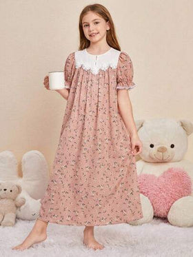 SHEIN فستان كاجوال مريح للفتيات المراهقات بأكمام منتفخة وألوان متباينة مع طبعات زهرية