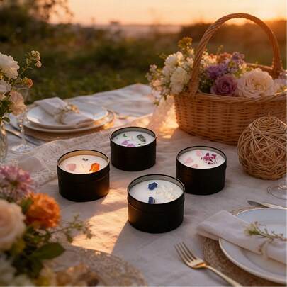 شمعة معطرة بزهور جافة بلورية 1 قطعة - 4 روائح مختلفة، شمع صويا طبيعي، عطر طويل الأمد بدون دخان، وعاء أسود مطفي، مناسبة لموسم الزفاف والعيد والديكور المنزلي وطاولات الضيوف وغرف النوم والعطور والهدايا والحفلات والتصوير