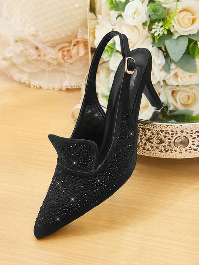 CUCCOO HITCHD أحذية كعب عالي بنعل مدبب وحزام كاحل من البلور الأسود للنساء