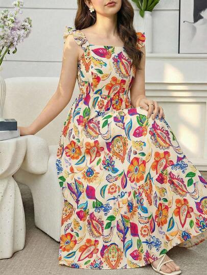 SHEIN رمضان فستان ماكسي أنيق للمراهقات بطبعة زهرية، رقبة مربعة وأكمام متدلية، مشدود الخصر، لموسم الربيع والصيف والعطلات