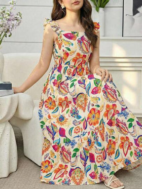SHEIN رمضان فستان ماكسي أنيق للمراهقات بطبعة زهرية، رقبة مربعة وأكمام متدلية، مشدود الخصر، لموسم الربيع والصيف والعطلات