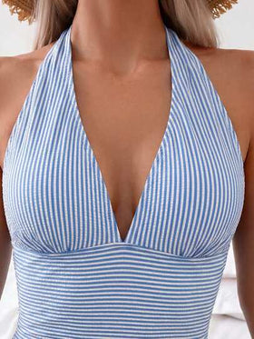 Swim Basics بدلة سباحة أنيقة للنساء من قطعة واحدة، ذات رقبة عميقة على شكل V، ظهر مكشوف، طيات، لون أحادي، مناسبة لموسم الربيع/الصيف 2026