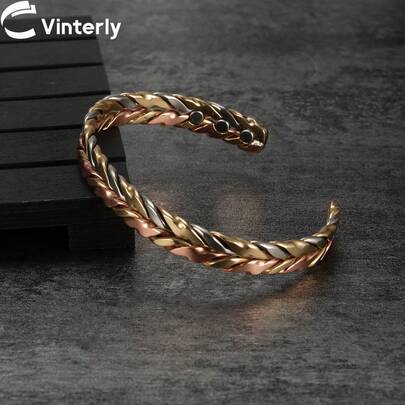 Vinterly أساور نحاس نقي مجدول للنساء، بلون الذهب الوردي المغناطيسي، طاقة صحية، قابلة للتعديل، أساور مفتوحة