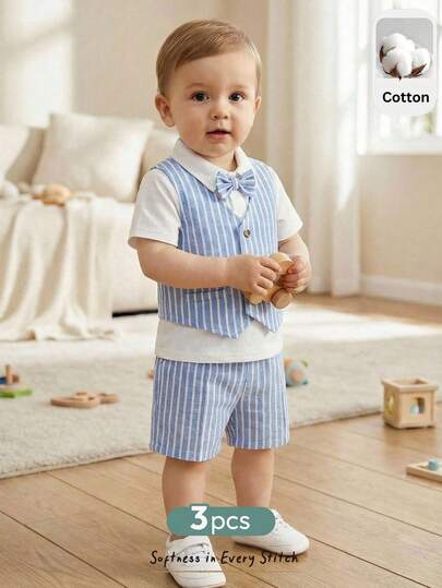 Cozy Pixies 3 قطع طقم ملابس رسمية للأطفال الصبيان/البنات: بدلة جاكيت مخططة باللون الأزرق والأبيض، قميص أبيض بأكمام قصيرة، جاكيت وشورت مخططان باللون الأزرق والأبيض، مناسبة لمناسبات الربيع والصيف مثل حفلة عيد الميلاد، المعمودية، عيد الميلاد الأول، المراسم،