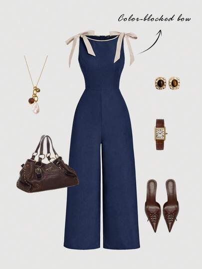 SHEIN MOD جمبسوت خضراء كاكي بدون أكمام وياقة مستديرة، مزينة بشريط تباين وفيونكة، تصميم مخصر وتنورة مفرقعة - طراز محكمة عتيق، إحساس المال القديم، مناسبة للعمل والعودة إلى المدرسة والمواعدة والحفلات والمهرجانات وأعياد الميلاد