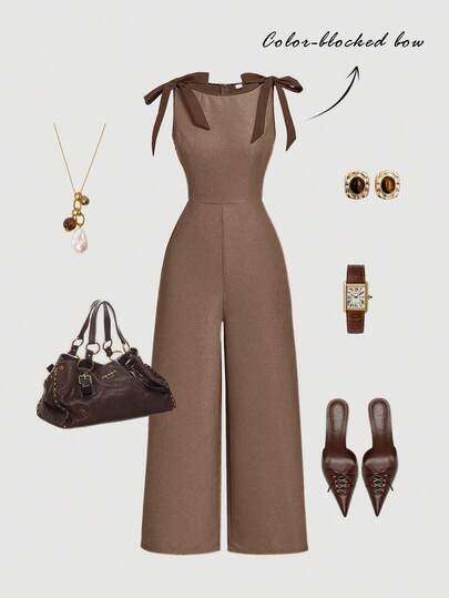SHEIN MOD جمبسوت خضراء كاكي بدون أكمام وياقة مستديرة، مزينة بشريط تباين وفيونكة، تصميم مخصر وتنورة مُنفرجة - طراز محكمة عتيق، إحساس المال القديم، مناسبة للعمل والعودة إلى المدرسة والمواعدة والحفلات والمهرجانات وأعياد الميلاد
