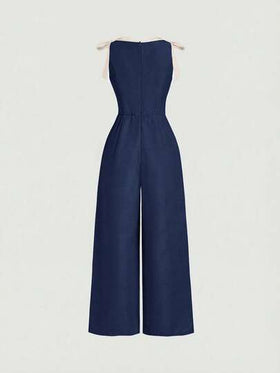 SHEIN MOD جمبسوت خضراء كاكي بدون أكمام وياقة مستديرة، مزينة بشريط تباين وفيونكة، تصميم مخصر وتنورة مفرقعة - طراز محكمة عتيق، إحساس المال القديم، مناسبة للعمل والعودة إلى المدرسة والمواعدة والحفلات والمهرجانات وأعياد الميلاد