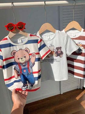SHEIN 3 قطع تي شيرت كاجوال بطبعة دب كوري أنيق للأولاد، طقم شراء واحد واحصل على اثنين، رقبة دائرية، قطن مرن، أكمام قصيرة، مناسب للعطلات والخروجات والسفر والتنسيق، مناسب للربيع والصيف