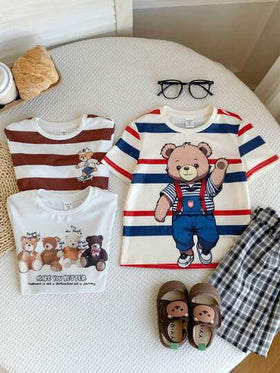 SHEIN 3 قطع تي شيرت كاجوال بطبعة دب كوري أنيق للأولاد، طقم شراء واحد واحصل على اثنين، رقبة دائرية، قطن مرن، أكمام قصيرة، مناسب للعطلات والخروجات والسفر والتنسيق، مناسب للربيع والصيف