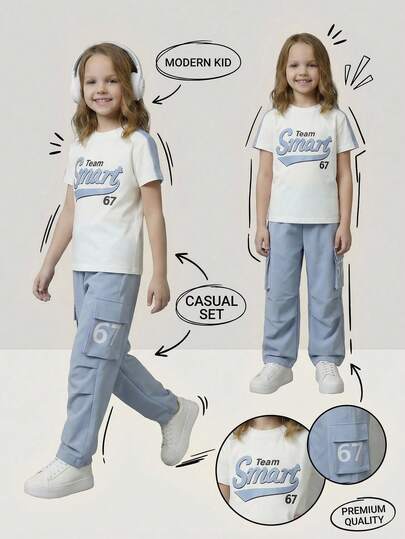 SHEIN Casuvi Kids مجموعة بنطلون وتي شيرت للبنات الصغيرات، تي شيرت بأكمام راجلان فضفاض وألوان متباينة مع طباعة حرف أمريكي كيوت وجذاب، بنطلون كارجو أزرق فاتح، مناسب للبيت والسفر والرياضة والخارج والاستخدام اليومي