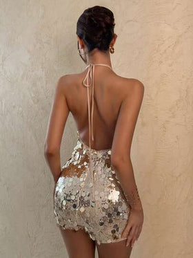 SHEIN Glamour جمبسوت نسائية مثيرة بدون ظهر مزينة بالترتر للحفلات، صيفية