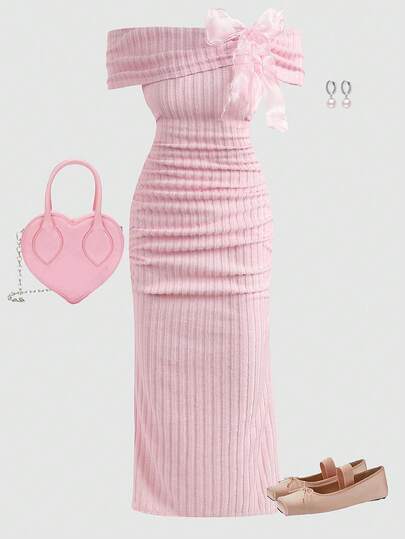SHEIN فستان بياقة مكشوفة الكتف مطوي بفيونكة للمراهقات