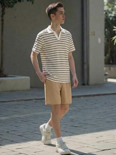 مجموعة قميص بياقة بولو مخطط وشورت للأولاد المراهقين 2 قطعة