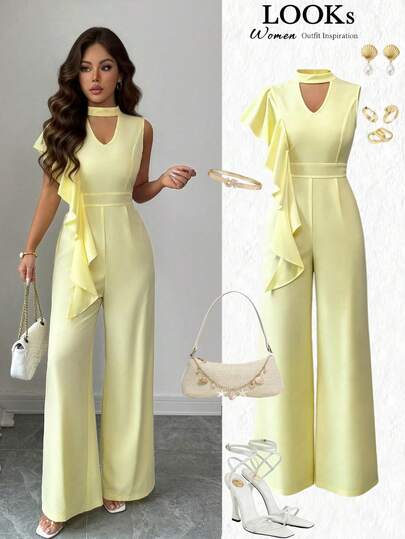 SHEIN Elenzya جمبسوت نسائية بياقة متموجة غير متماثلة، مفرغة من الخصر، واسعة الساق، أنيقة للاستخدام اليومي، العطلات، الكاجوال الفرنسي، التنقل، العمل، المواعيد الرومانسية، بدون أكمام، لون أصفر فاتح، مناسبة للربيع المبكر والربيع والصيف
