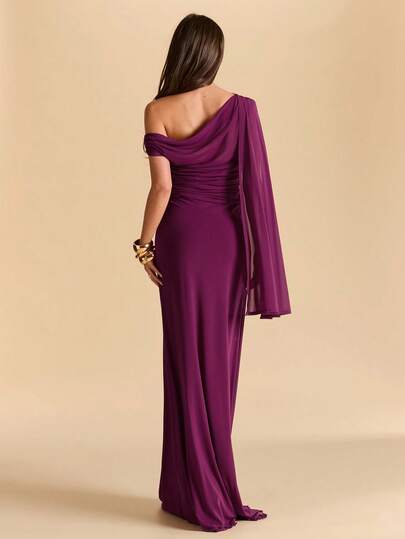 SHEIN BAE فستان مرمر أسيمتري مجعد بكتف أسيمتري في لون بنفسجي باذنجاني وزهري، فستان شبكي للعطلات والشاطئ