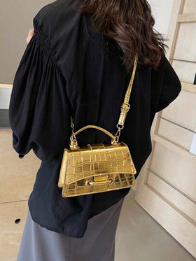 حقيبة كتف أنيقة للنساء ذات لون أحادي بنسيج حجري بسيط وخيط للسحب