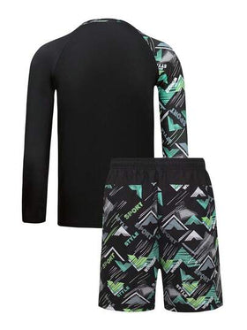 SHEIN طقم ملابس علوية وشورت شاطئ للمراهقين (الأولاد)، ملابس علوية كم طويل مطبوعة بتصميم عصري وشورت شاطئ منسوج بخصر رباط، مناسب للعطلات