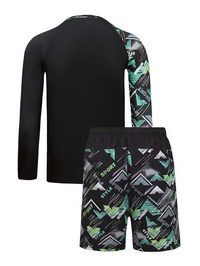 SHEIN طقم ملابس علوية وشورت شاطئ للمراهقين (الأولاد)، ملابس علوية كم طويل مطبوعة بتصميم عصري وشورت شاطئ منسوج بخصر رباط، مناسب للعطلات