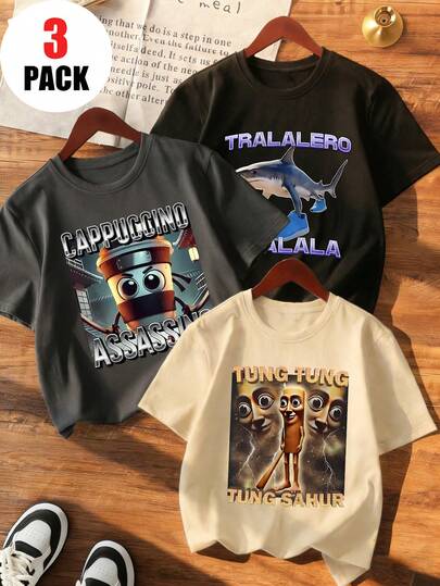 3 قطع من تيشيرتات الأولاد الكاجوال المطبوعة بياقة دائرية وأكمام قصيرة، ملابس صيفية للطلاب والشباب - التيشيرتات بطبعات شخصيات شان هاي جينغ تجلب البهجة والسعادة لكل طفل! TRALALERO TRALALA