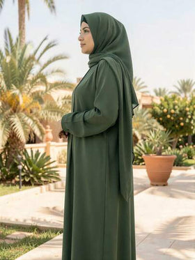 مجموعة عباءة وحجاب للنساء في رمضان - فستان أخضر زيتوني طويل الأكمام مع تطريز أوراق بيضاء على الأكمام، عباءة رقبة على شكل V وأكمام واسعة، قماش محبوك ناعم، ملابس إسلامية أنيقة مناسبة لتجمعات العيد واحتفالات العيد، 2 قطعة