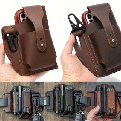 حقيبة خصر من الجلد الطبيعي لهاتف الخلوي وأدوات EDC، غطاء رجعي مع حلقة للحزام، هدية للرجال