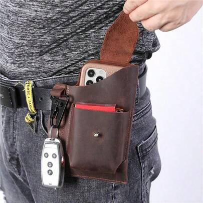 حقيبة خصر من الجلد الطبيعي لهاتف الخلوي وأدوات EDC، غطاء رجعي مع حلقة للحزام، هدية للرجال