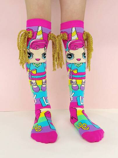 زوج جوارب طويلة للركبة للأطفال، بنمط فتاة رائع مع زخرفة ضفيرة ملونة ثلاثية الأبعاد، طراز ممتع وجنوني، جوارب مضحكة، مناسبة لجميع المواسم، مثالية لأيام الجنون والحفلات وعيد الحب والعيد والعطلات والخارجية والاستخدام اليومي