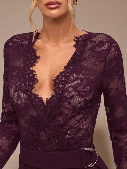 SHEIN BAE جمبسوت طويلة الأكمام بياقة عميقة على شكل حرف V من الدانتيل الأسود، ملابس داخلية أنيقة للنساء، مناسبة للمواعيد اليومية والخروج والحفلات، تصميم ساق واسع غير متماثل، جمبسوت أنيقة للخريف/الشتاء