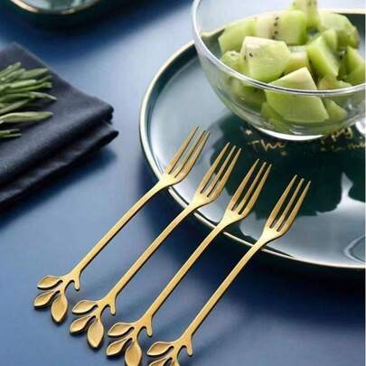 10 قطع أدوات مائدة مصقولة بالمرآة، شوك فاكهة من الفولاذ المقاوم للصدأ، شوك حلوى، باللون الذهبي بطول 12.3 سم، مناسبة للاستخدام اليومي في المنزل، التخييم، النزهات، الوجبات الخفيفة والحلويات