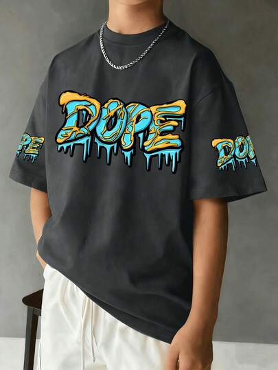 قميص تي شيرت بأكمام قصيرة وياقة دائرية للمراهقين الأولاد بطباعة حرف "DOPE"، ملابس أطفال جديدة لربيع/صيف