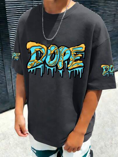 قميص تي شيرت بأكمام قصيرة وياقة دائرية للمراهقين الأولاد بطباعة حرف "DOPE"، ملابس أطفال جديدة لربيع/صيف