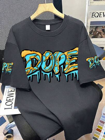 قميص تي شيرت بأكمام قصيرة وياقة دائرية للمراهقين الأولاد بطباعة حرف "DOPE"، ملابس أطفال جديدة لربيع/صيف
