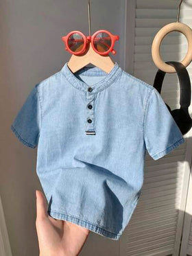 SHEIN ملابس علوية كاجوال قصير الأكمام بياقة واقفة مريح وفضفاض من الجينز الأزرق الفاتح للأطفال والمراهقين، ملابس يومية للأطفال والمراهقين من الربيع إلى الصيف، ملابس للمهرجانات والملابس الشارعية