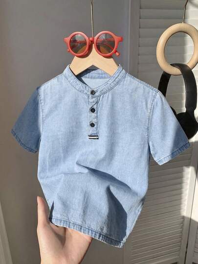 SHEIN ملابس علوية كاجوال قصير الأكمام بياقة واقفة مريح وفضفاض من الجينز الأزرق الفاتح للأطفال والمراهقين، ملابس يومية للأطفال والمراهقين من الربيع إلى الصيف، ملابس للمهرجانات والملابس الشارعية