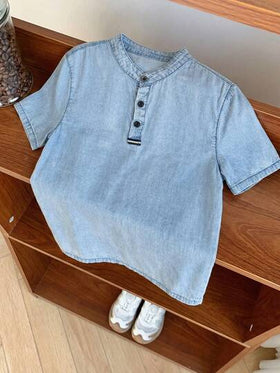 SHEIN ملابس علوية كاجوال قصير الأكمام بياقة واقفة مريح وفضفاض من الجينز الأزرق الفاتح للأطفال والمراهقين، ملابس يومية للأطفال والمراهقين من الربيع إلى الصيف، ملابس للمهرجانات والملابس الشارعية