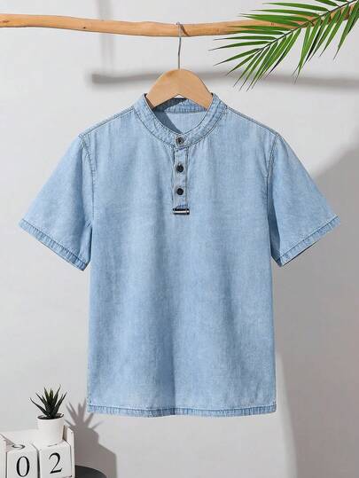 SHEIN ملابس علوية كاجوال قصير الأكمام بياقة واقفة مريح وفضفاض من الجينز الأزرق الفاتح للأطفال والمراهقين، ملابس يومية للأطفال والمراهقين من الربيع إلى الصيف، ملابس للمهرجانات والملابس الشارعية