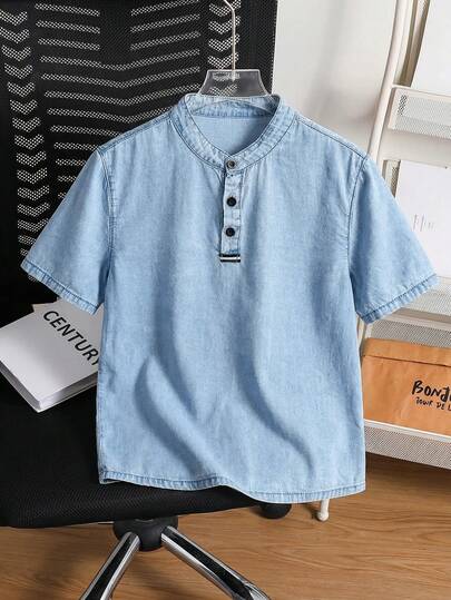 SHEIN ملابس علوية كاجوال قصير الأكمام بياقة واقفة مريح وفضفاض من الجينز الأزرق الفاتح للأطفال والمراهقين، ملابس يومية للأطفال والمراهقين من الربيع إلى الصيف، ملابس للمهرجانات والملابس الشارعية