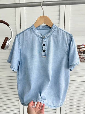 SHEIN ملابس علوية كاجوال قصير الأكمام بياقة واقفة مريح وفضفاض من الجينز الأزرق الفاتح للأطفال والمراهقين، ملابس يومية للأطفال والمراهقين من الربيع إلى الصيف، ملابس للمهرجانات والملابس الشارعية