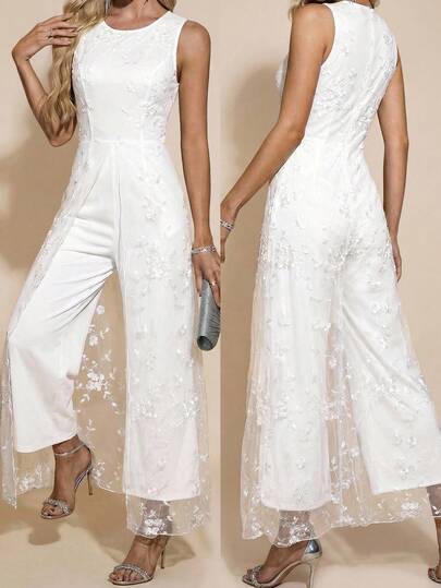 Amorya ملابس نسائية بدون أكمام بياقة مستديرة مطرزة بنسيج متماسك أبيض اللون مع خصر مربوط، ملابس يومية أنيقة، ملابس لحضور حفلات الزفاف، بنطلون ذو ساق واسعة، للربيع والصيف