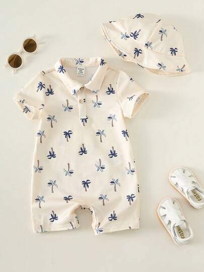 SHEIN مجموعة 2 قطعة للرضع جنسين ولد/بنت، رومبير صيفية كاجوال جميلة مع طباعة شجرة جوز الهند وقبعة