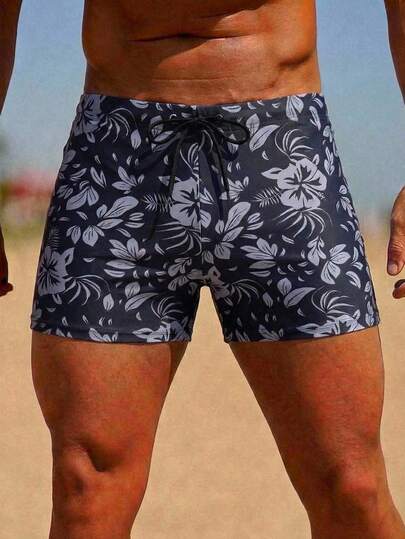 Manfinity Swimmode شورت سباحة رجالي بطبعة زهور للاستخدام اليومي والشاطئ، مع بطانة ضاغطة، سريع الجفاف، شورت سباحة رجالي بطبعة هاواي سوداء، شورت سباحة رجالي بطبعة زهور، شورت سباحة رجالي بطبعة زهور مطابق