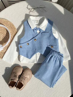SHEIN 3 قطع/مجموعة ملابس الطفل الصبي الربيع/الصيف الأنيقة مجموعة سترة وبنطلون أزرق، بدلة رسمية، مناسبة للمناسبات والأعياد والأعراس والمناسبات الخاصة بالطفل مثل عيد ميلاده الأول وحفلات استقبال المولود، أنيقة لضيف الزفاف أو حامل الخاتم