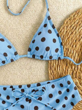 بكيني مثير بطبعة نقاط وربطة عنق ظهر عاري، بحمالات رفيعة للشاطئ والسباحة في حفلات المسبح
