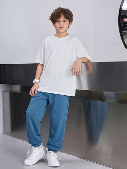 SHEIN Little Byeori 3 قطع مجموعة قميص وشورت كاجوال فضفاض بياقة شال للأولاد المراهقين