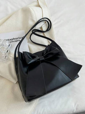 حقيبة كتف نسائية أنيقة سعة كبيرة، لون أحادي من جلد البولي يوريثان مزين بفيونكة، حقيبة محمولة خفيفة الوزن، حقيبة دلو موضة للعمل والاستخدام اليومي