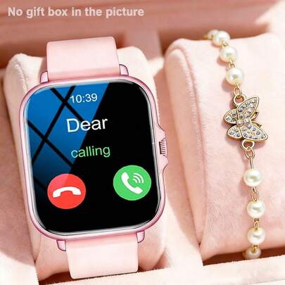 مجموعة مكونة من ساعة ذكية مناسبة للنساء بحزام من السيليكون بقطر 1.53 بوصة، شاشة عالية الدقة، إمكانية الاتصال واستقبال الرسائل، أوضاع رياضية متعددة، تشغيل الموسيقى، متوافقة مع iOS و Android، مقترنة بسوار من الكريستال والخرز المناسب للارتداء اليومي والمناسب