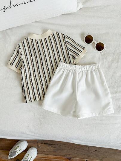 SHEIN مجموعة قميص بولو وشورت كاجوال مطبوعة بنمط جرافيك لطيف للأطفال الصيف، مناسبة لحفلة عيد الميلاد، الحفلات المسائية، الحفلات، حفلة الاستقبال، حفلة استقبال المولود، المعمودية، احتفال عيد الميلاد الأول، ضيف الزفاف، ملابس حفلة استقبال المولود والمعمودية، ق