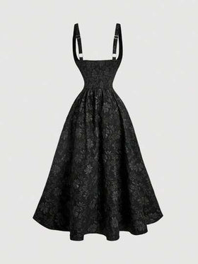 SHEIN MOD فستان نسائي أنيق بحمالات رفيعة من الجاكار، تنورة نسائية أنيقة سوداء بطبعات زهور من الجاكار بأزرار ذهبية مزينة بخط A كامل، فستان جاكار بروكيد، فستان جوتيك، فستان ميدي بشكل صدرية، بطراز قرصان، بطراز فيكتوري، فساتين حفلات أنيقة، فستان لضيف الزفاف،