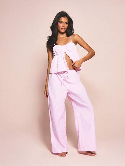 MISSGUIDED بيجامة نسائية مكونة من قميص كامي وبنطلون واسع الساق بطبعة الجينجهام، ملابس نوم وملابس منزلية مجموعة متناسقة من قطعتين، صيفية