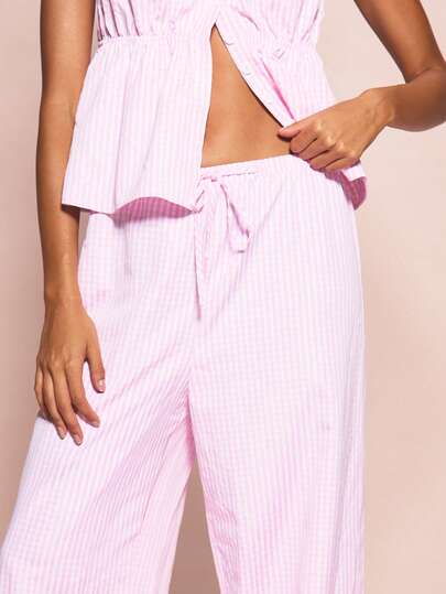 MISSGUIDED بيجامة نسائية مكونة من قميص كامي وبنطلون واسع الساق بطبعة الجينجهام، ملابس نوم وملابس منزلية مجموعة متناسقة من قطعتين، صيفية